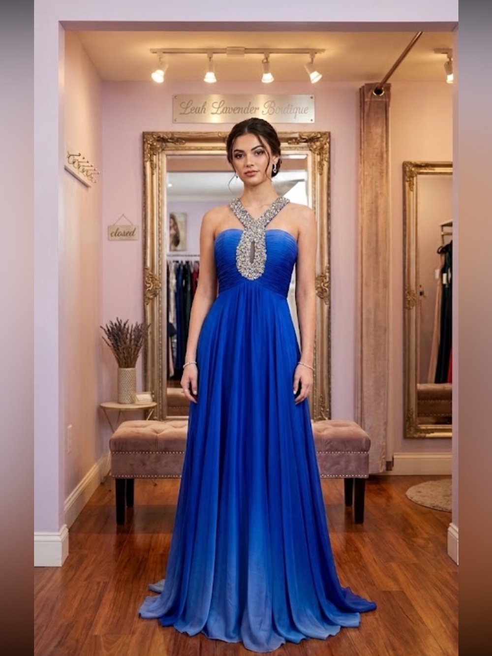 Sherri Hill Blue Ombré Silk Chiffon Beaded Key Hole Maxi Prom Dress Size 0